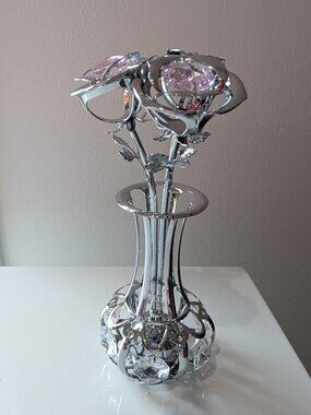 Matashi Chrome Plated Silver Flowers Bouquet and Vase w/Pink & Clear Crystals |